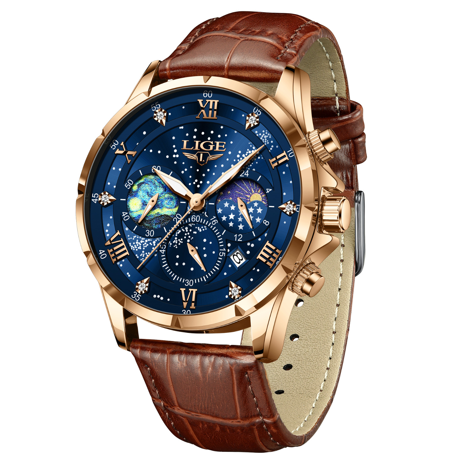 LIGE Luxury Quartz Men\'s Watch Leather Strap Date Waterproof Luminous Wristwatch