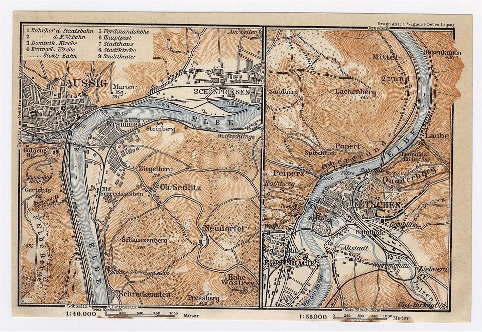 1911 ANTIQUE MAP OF DECIN TETSCHEN AUSSIG USTI NAD LABEM CZECH REPUBLIC BOHEMIA