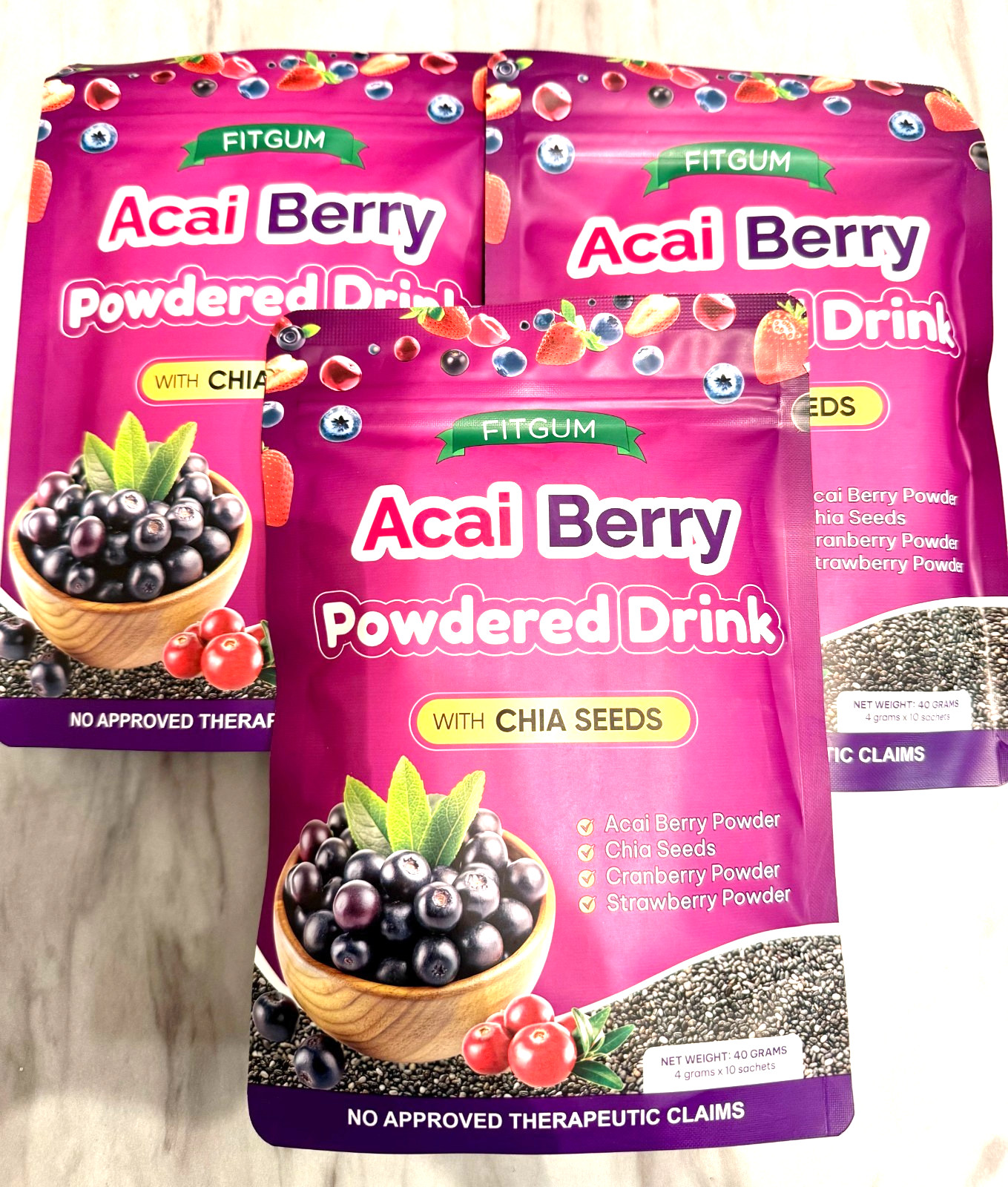 3 Packs FITGUM Acai Berry Drink Powder w/ Chia & Collagen – 30 Sachets 3 Packs FITGUM Acai Berry Drink Powder w/ Chia & Collagen – 30 Sachets
