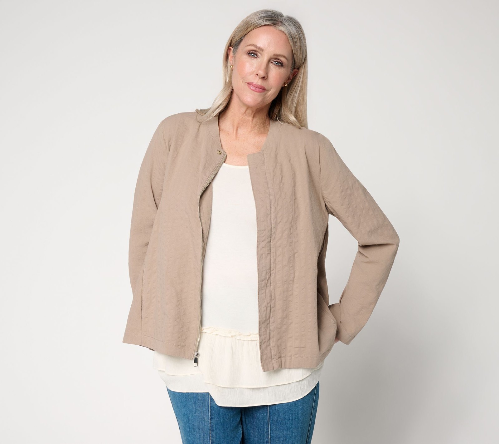 LOGO by Lori Goldstein Lavish Textured Zip Front Topper Roasted Cashew M New LOGO by Lori Goldstein Lavish Textured Zip Front Topper Roasted Cashew M New