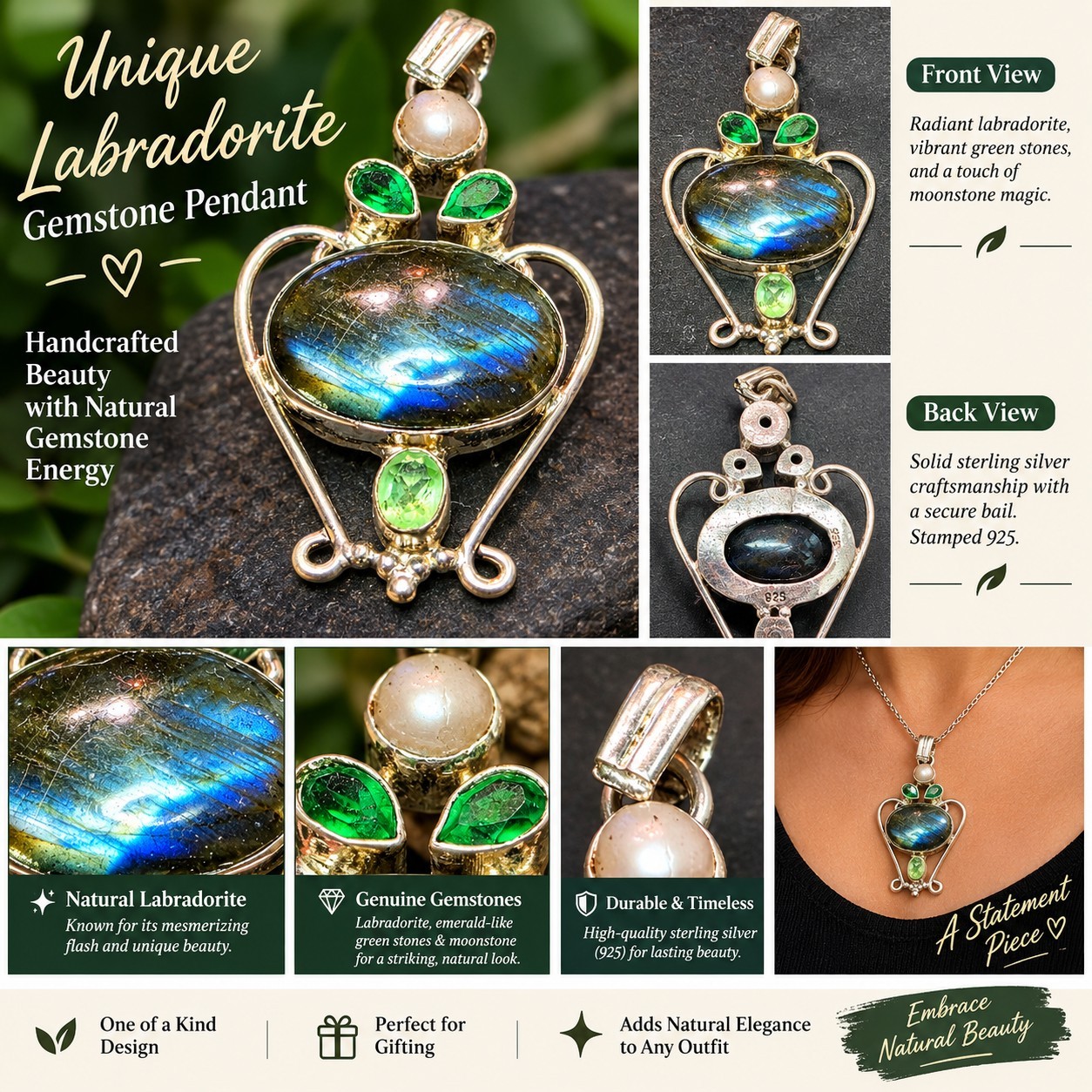 Multi GemStone 825 Sterling Silver   Labradorite, Peridot, Diopside &  Pearl
