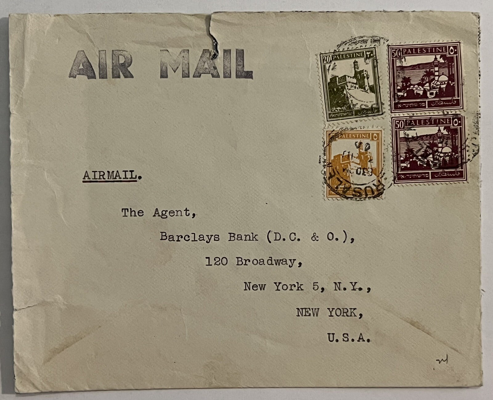 1940's JERUSALEM PALESTINE COVER SENT TO NEW YORK BARCLAYS BANK 1940's JERUSALEM PALESTINE COVER SENT TO NEW YORK BARCLAYS BANK