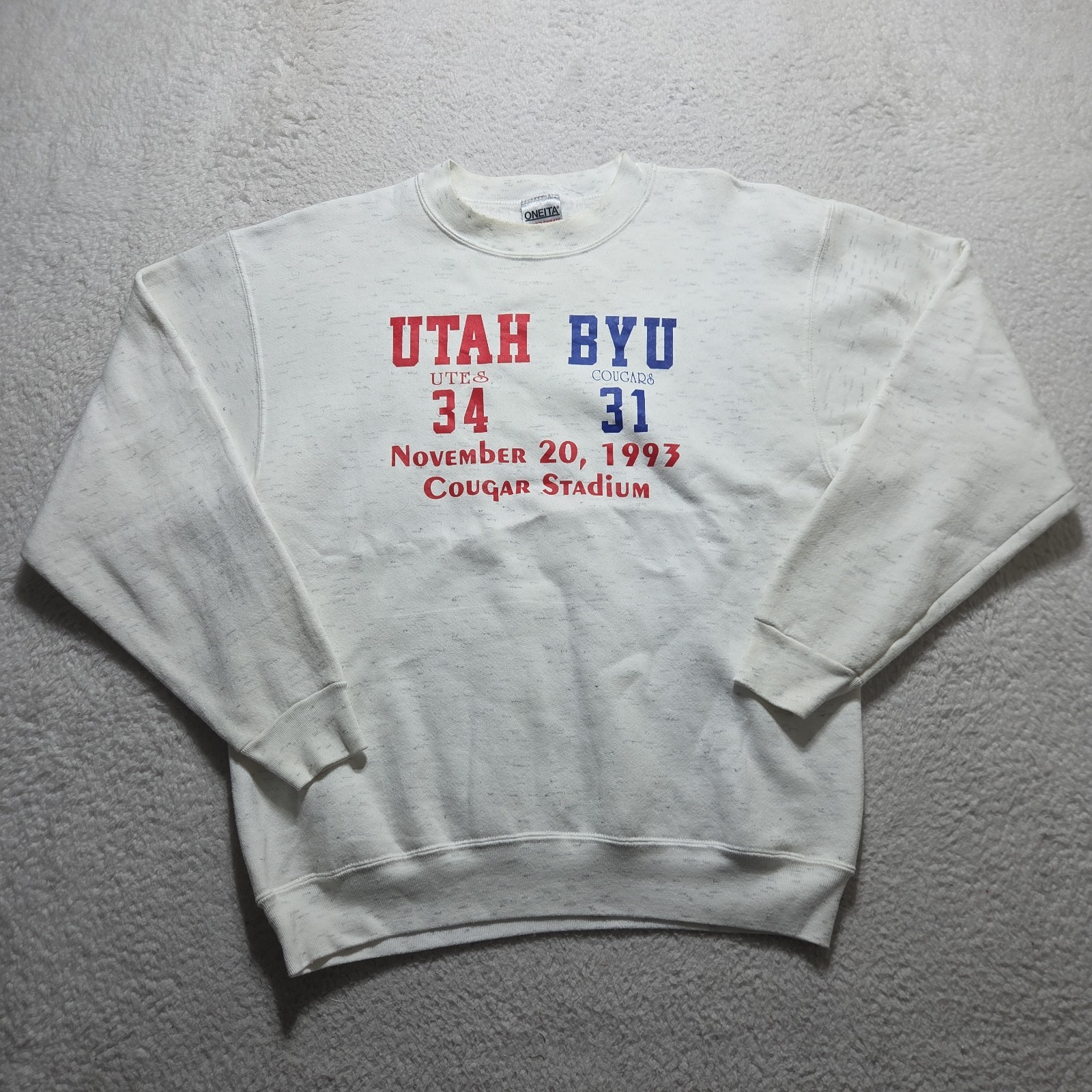 VTG 1993 Utah Vs BYU Sweater Pullover Size Large Cougar Stadium Oneita Tag VTG 1993 Utah Vs BYU Sweater Pullover Size Large Cougar Stadium Oneita Tag
