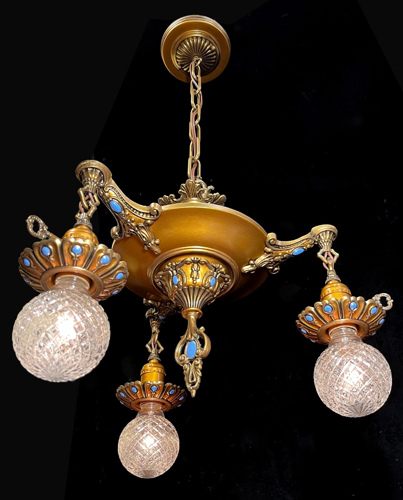 Antique Vtg 3 Light Pan Fixture RESTORED Jewel-like Polychrome Art Deco Nouveau