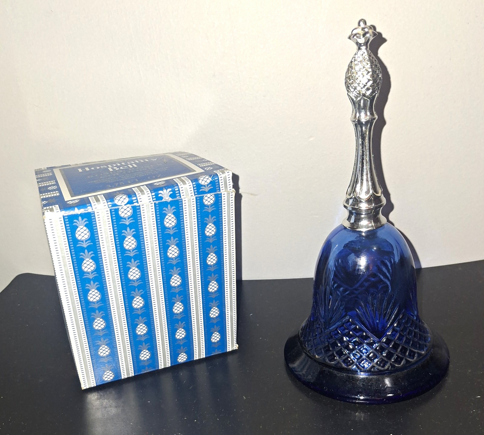 Vintage 1976 Avon Blue Glass Bell (Almost Empty) w/ Silver Tone Handle & Box
