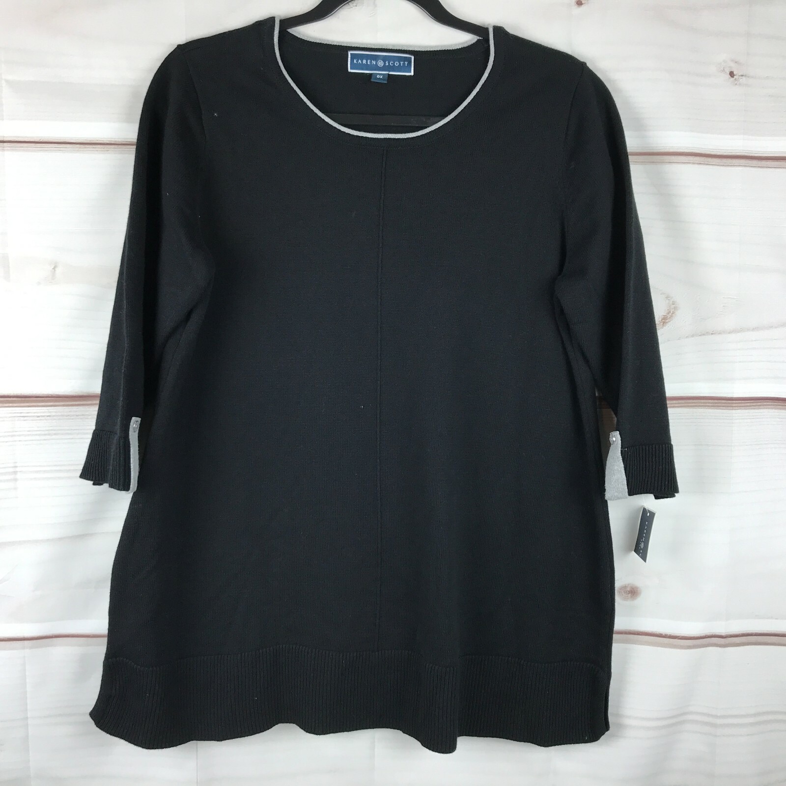 Karen Scott Sweater Womens 0X Black 3/4 Sleeve Tunic Round Neck Pullover Cotton