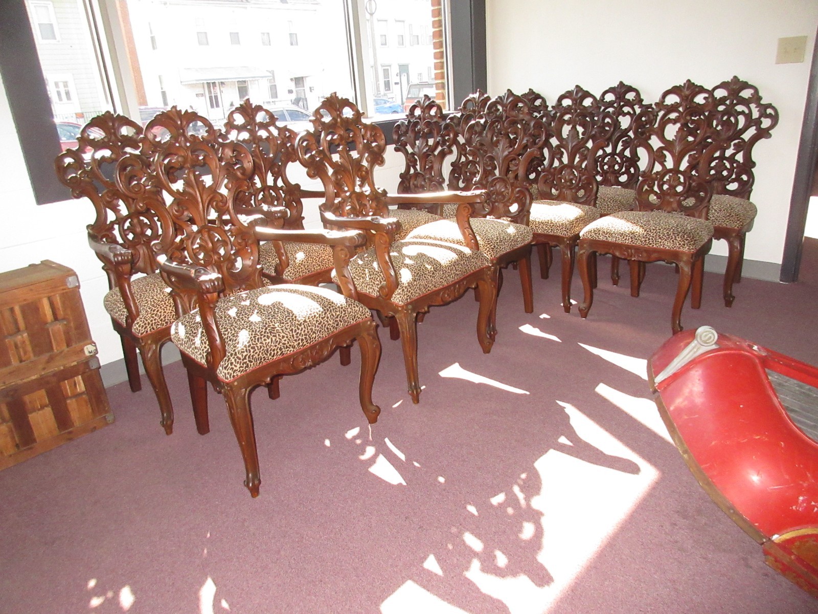 12 CHAIRS ORNATE CARVED MAHOGANY  ROCOCO FOLIATED DOG FOOT 1930's