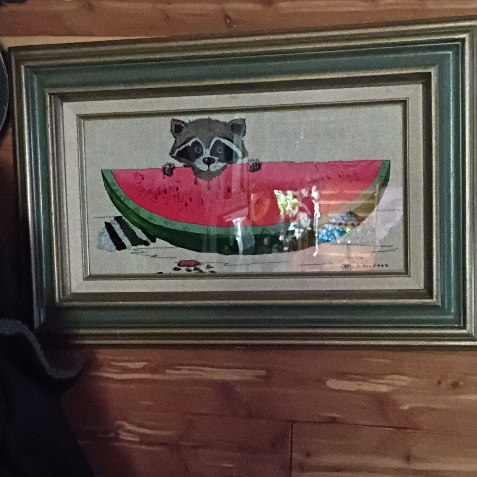 Carol A. Boudreaux Framed Signed Painting Raccoon with Watermelon on Canvas Carol A. Boudreaux Framed Signed Painting Raccoon with Watermelon on Canvas