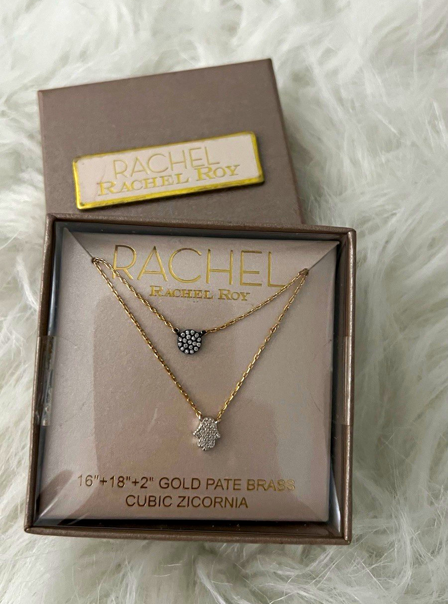 Rachel Roy Layered Pendant Necklace Gold Brass Pavé CZ Adjustable 16\
