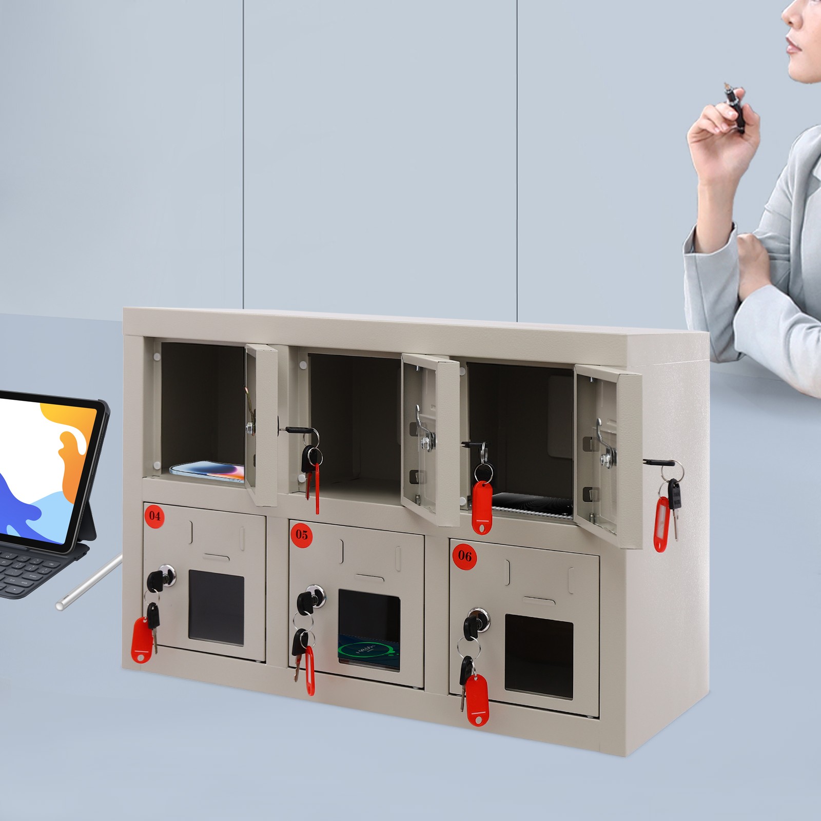 6-Door Cell Phone Locker Cabinet with Charging Station & Locking Keys