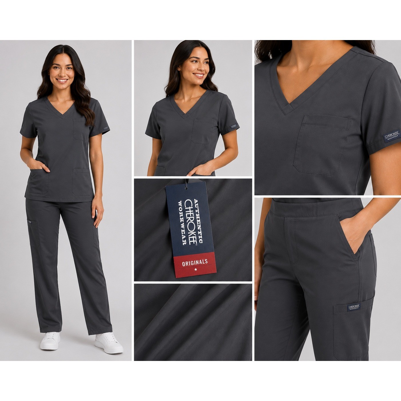Cherokee Workwear Originals Women Scrub Set Grey V-Neck Top Cargo Pants L NWT Cherokee Workwear Originals Women Scrub Set Grey V-Neck Top Cargo Pants L NWT