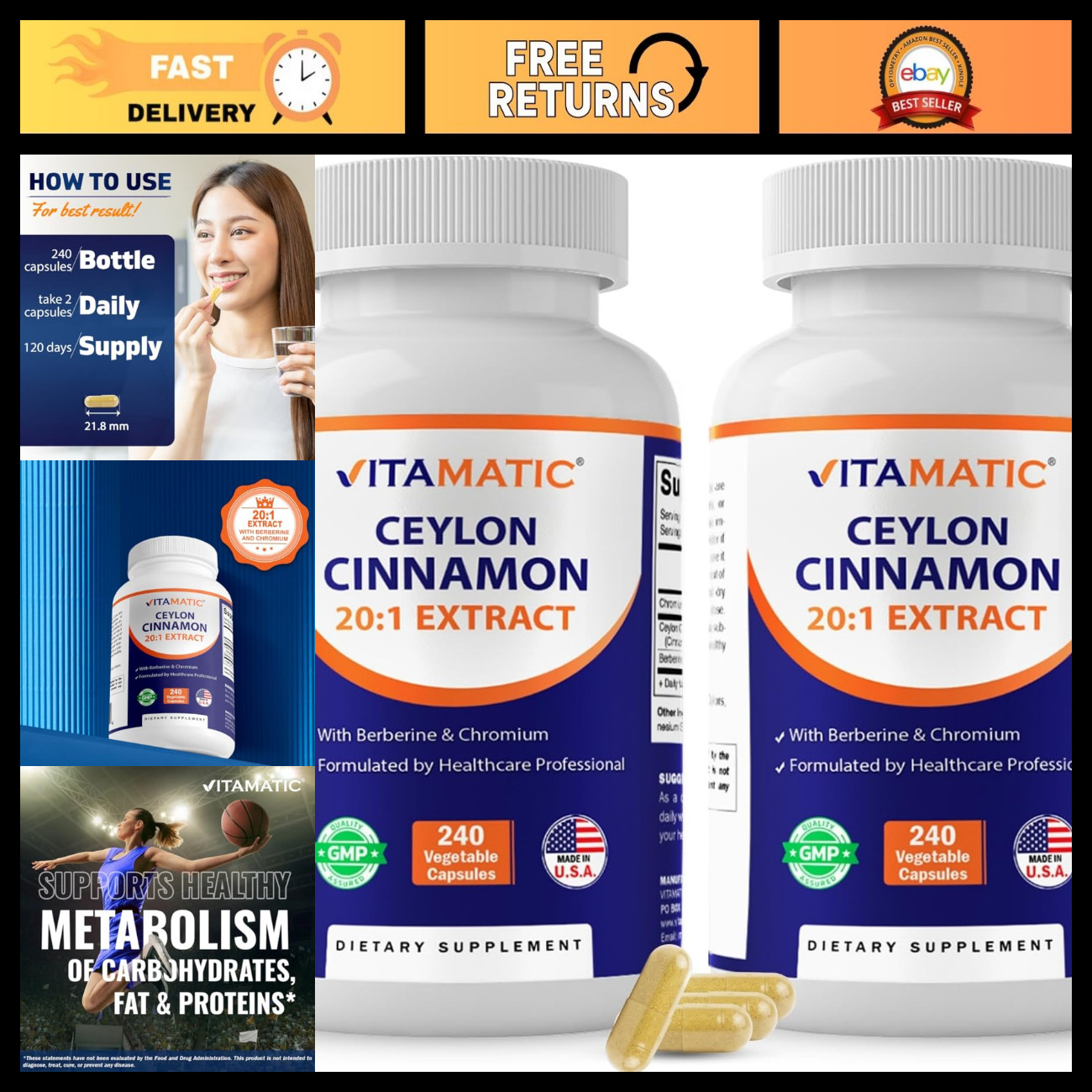 Ceylon Cinnamon 500mg & Berberine HCl 50mg with Chromium 400mcg - 240 Veg Capsul
