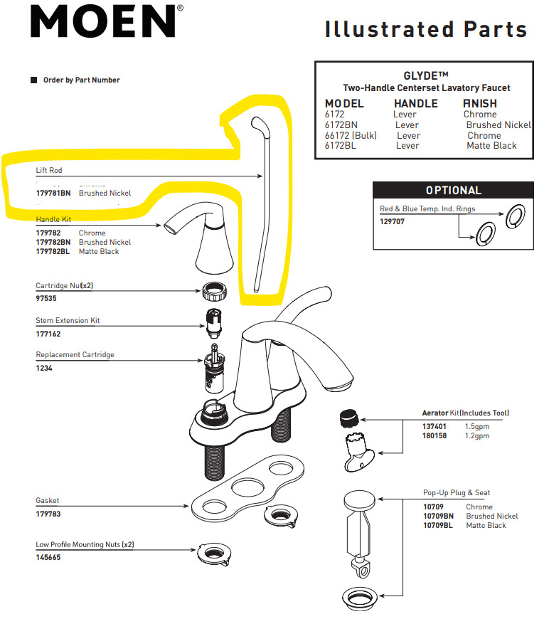 Moen 179781BN Lift Rod Kit for Lavatory Faucet 6172BN - Brushed Nickel Finish Moen 179781BN Lift Rod Kit for Lavatory Faucet 6172BN - Brushed Nickel Finish