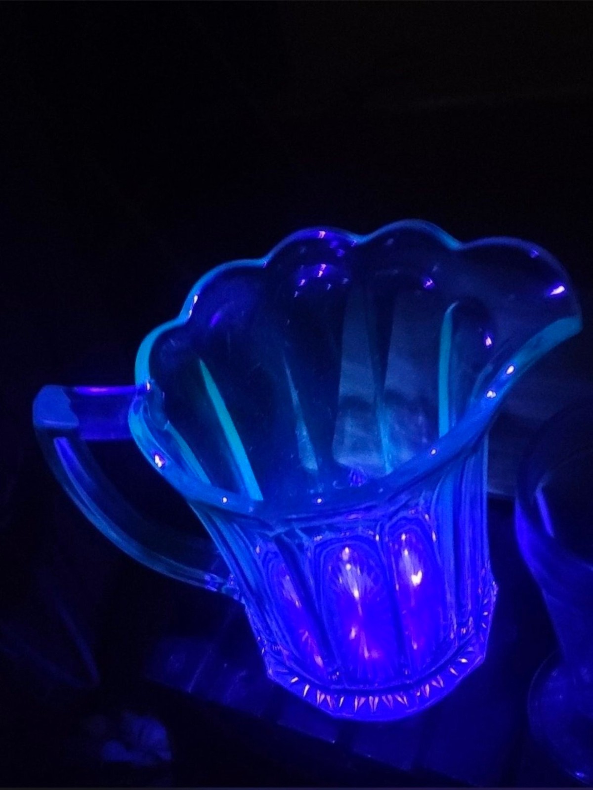 Antique EAPG Paneled Clear Glass Water Pitcher Starburst Base Manganese UV Glow