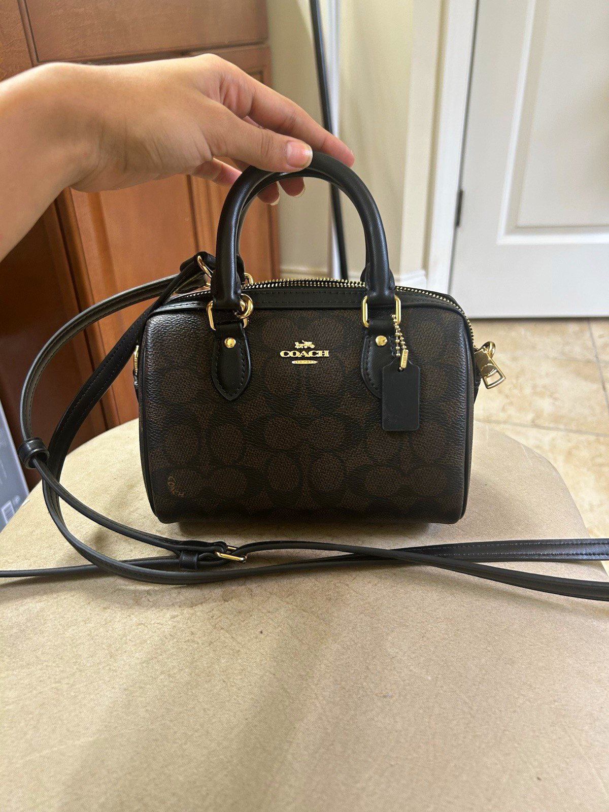 Coach Rowan Small Satchel Signature Canvas Brown/Black Leather Crossbody Gold Coach Rowan Small Satchel Signature Canvas Brown/Black Leather Crossbody Gold