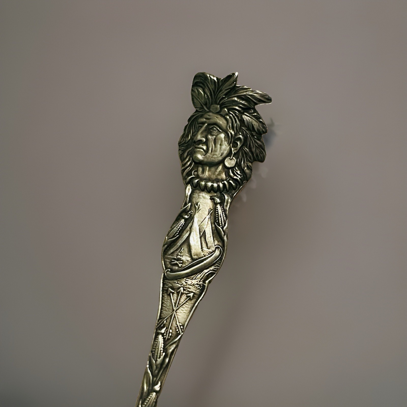 Antique Sterling Silver Native American Chief Head Corn Spoon Baker Manchester Antique Sterling Silver Native American Chief Head Corn Spoon Baker Manchester