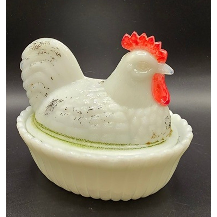 VTG Westmoreland Milk Glass Rooster on Nest Covered Dish Hand Painted UV Glow