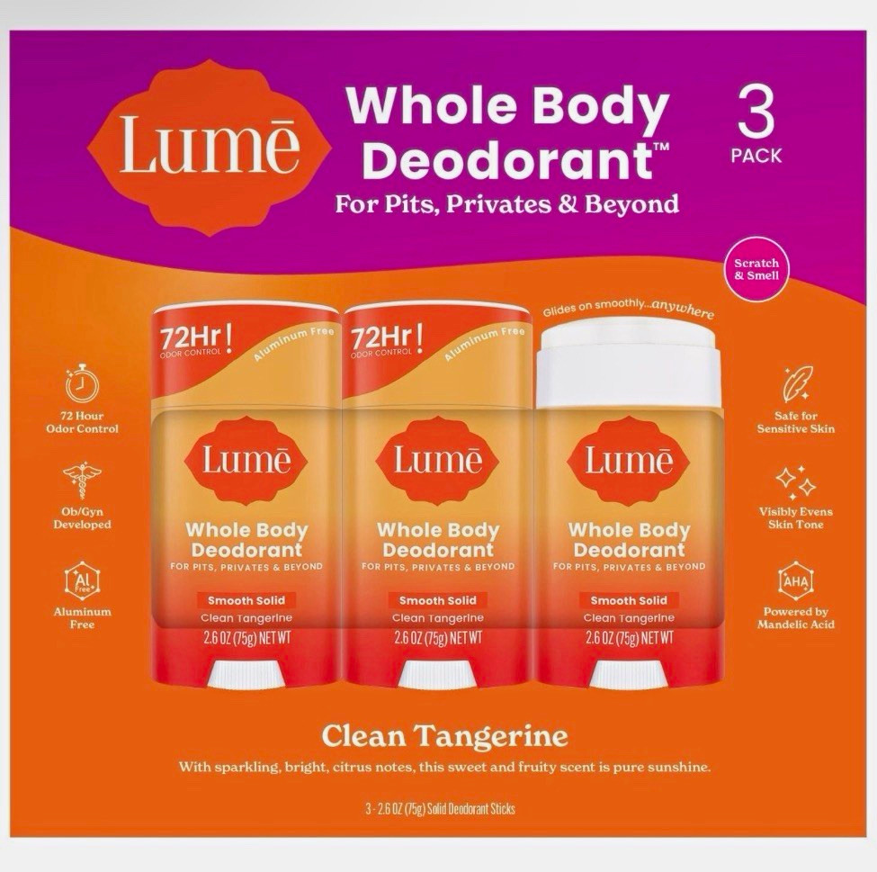 Lume Whole Body Deodorant Aluminum-Free Clean Tangerine 3 Pack 2.6 oz