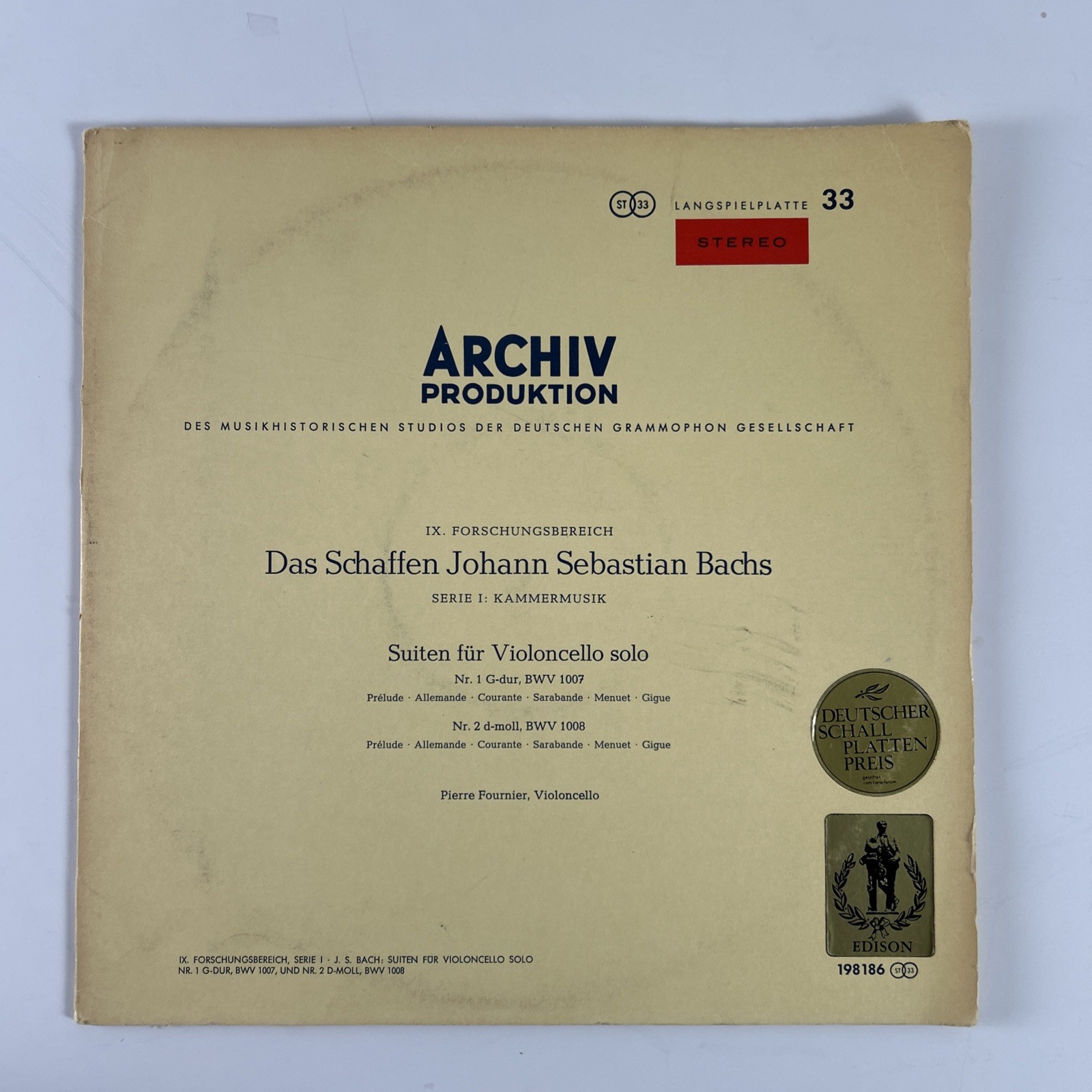 PIERRE FOURNIER - BACH Solo Cello Suites #1 & 2 - ARCHIV RED STEREO ST LP NmM PIERRE FOURNIER - BACH Solo Cello Suites #1 & 2 - ARCHIV RED STEREO ST LP NmM