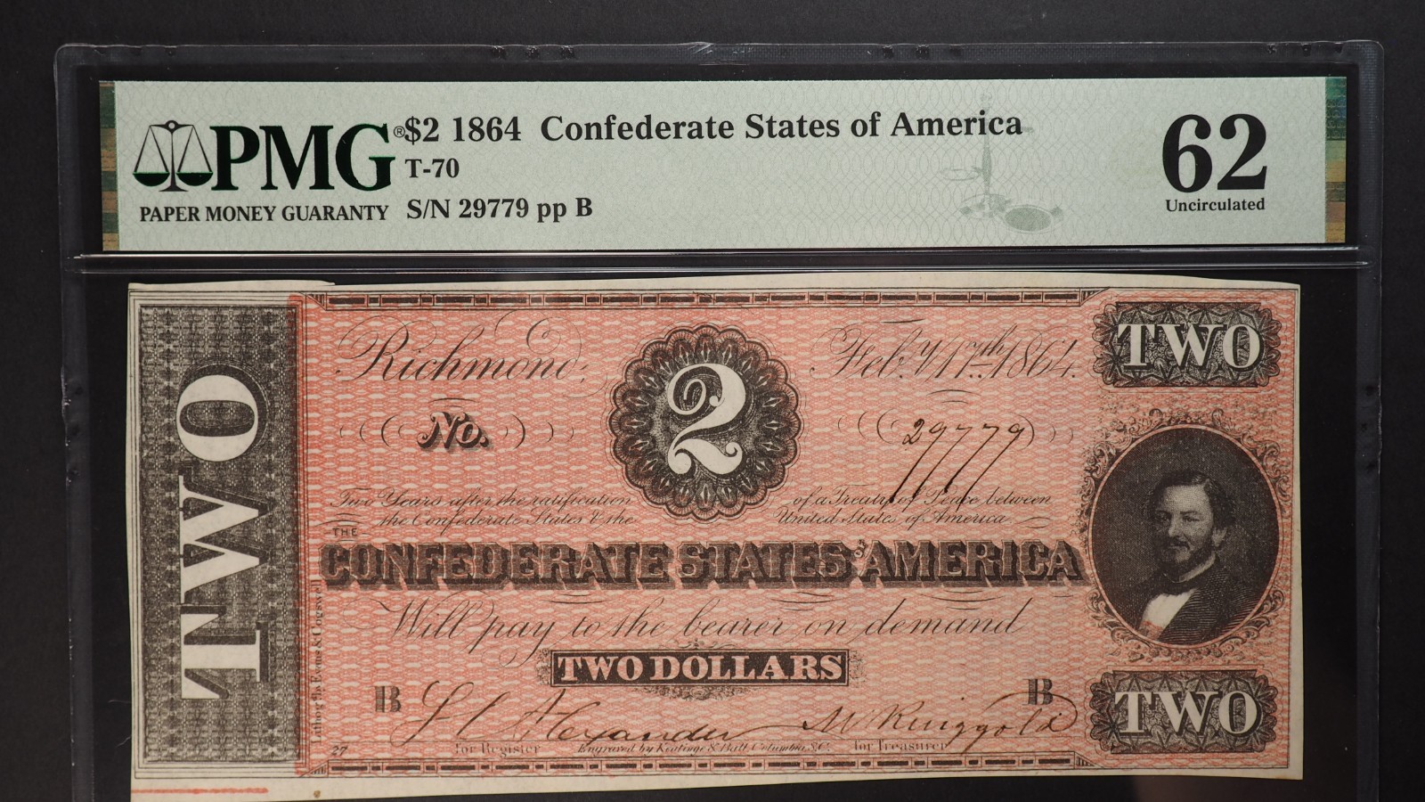 T-70 1864 $2 DOLLAR CONFEDERATE STATES OF AMERICA - PMG 62 *Miscut, Stains* G652 T-70 1864 $2 DOLLAR CONFEDERATE STATES OF AMERICA - PMG 62 *Miscut, Stains* G652