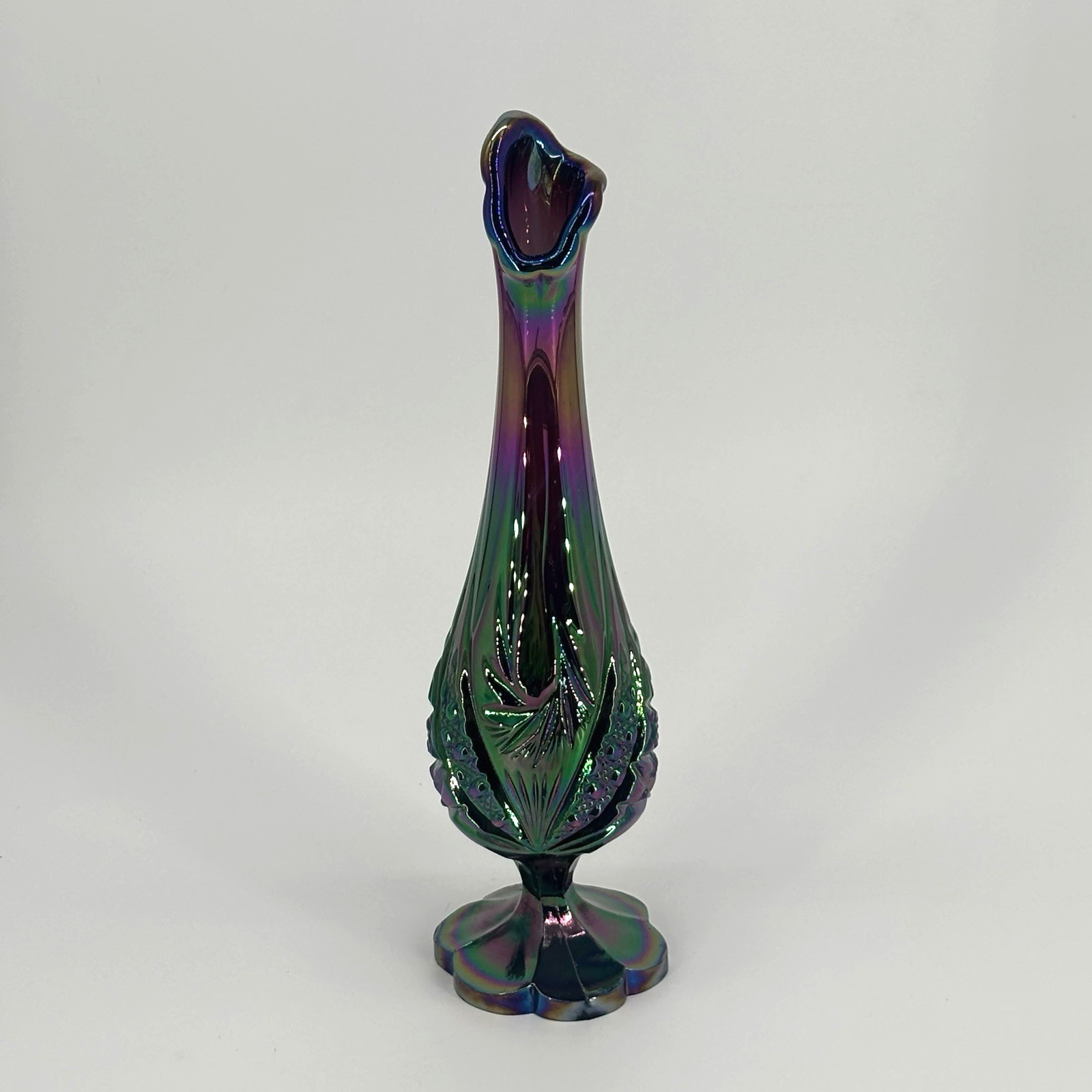 VTG Fenton Iridescent Rainbow Carnival Glass Swung Bud Vase 10” Tall Mid Century