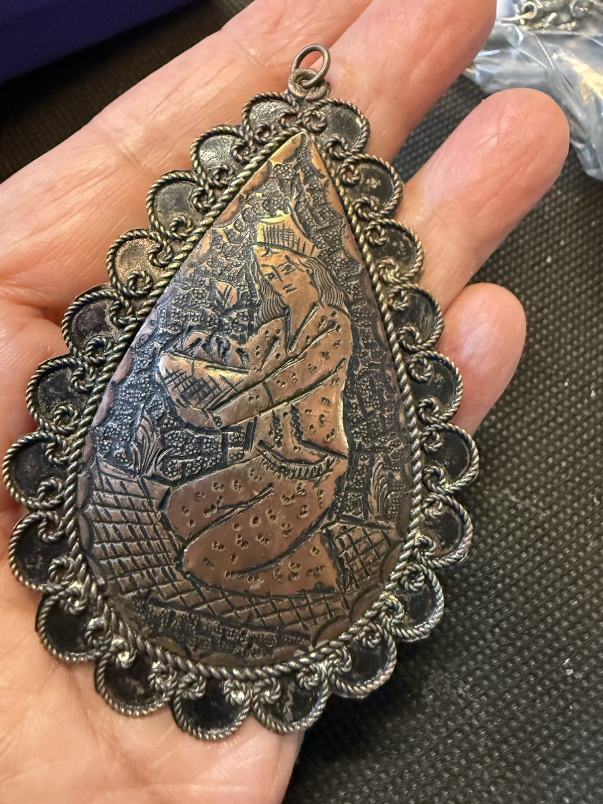 Vintage Persian Style Etched Copper Mixed Metal Large Figural Pendant 3”