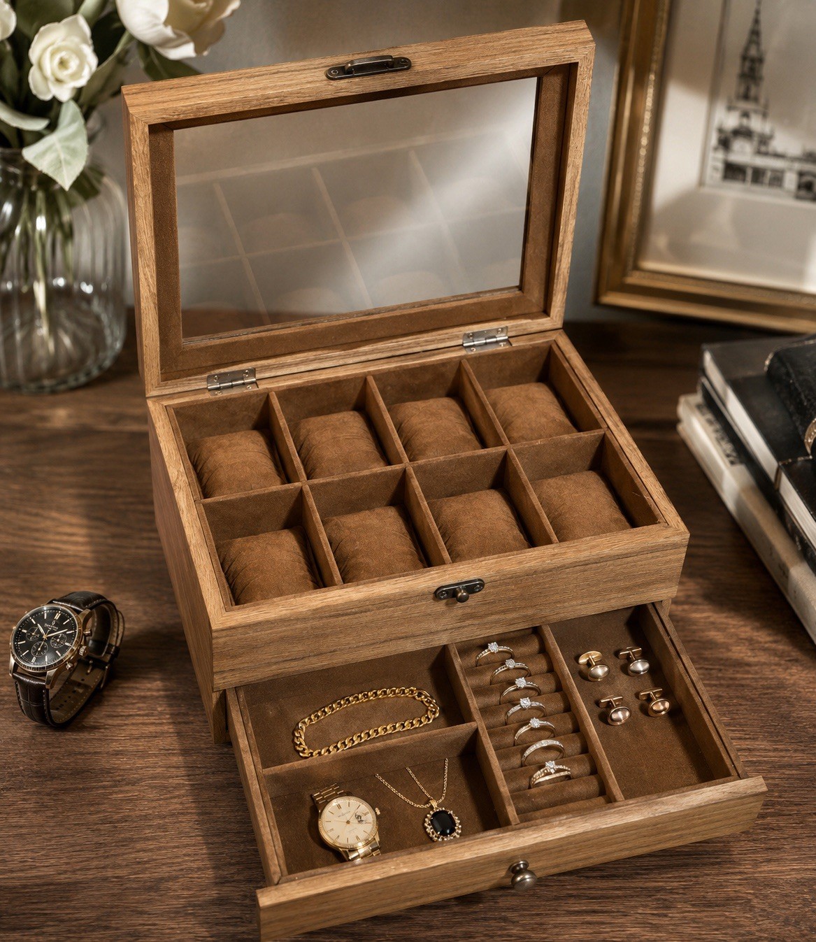 SONGMICS 8 Slot Watch Box Jewelry Organizer Glass Top Display Case Drawer Walnut