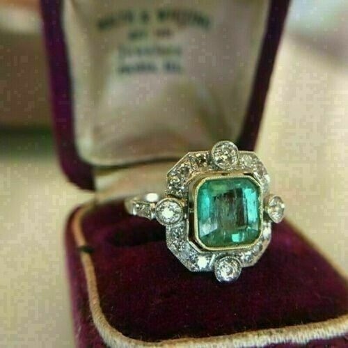 4.30 Ct Natural Emerald Art Deco Vintage Wedding Ring 925 Sterling Silver