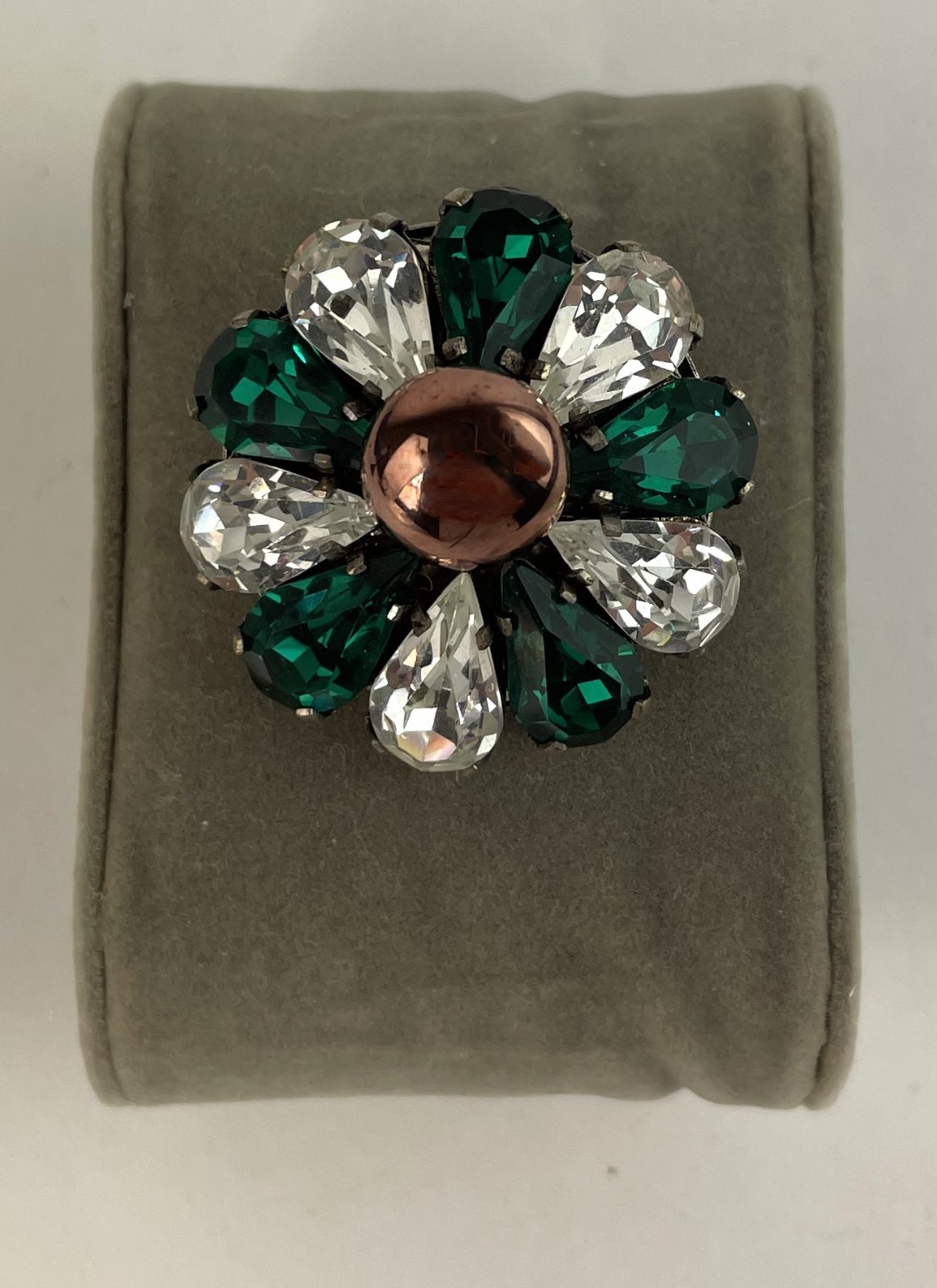 Vtg. 1930'S CZECH Art Deco Green White Marquise Rhinestone Brooch Pin, FABULOUS