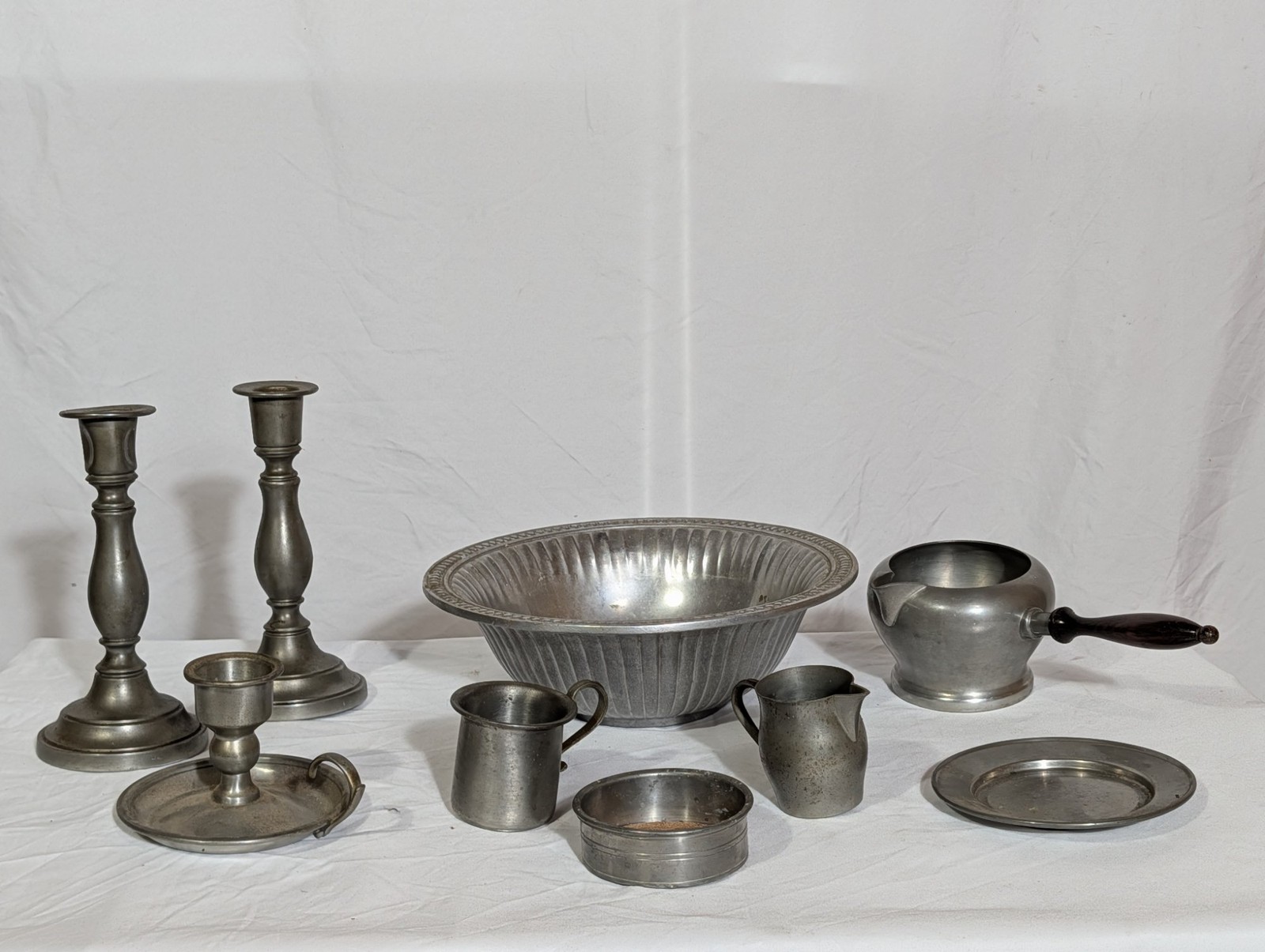 Vintage Pewter 9-Piece Collection Candlesticks Bowl Porringer Creamer Mug Coloni
