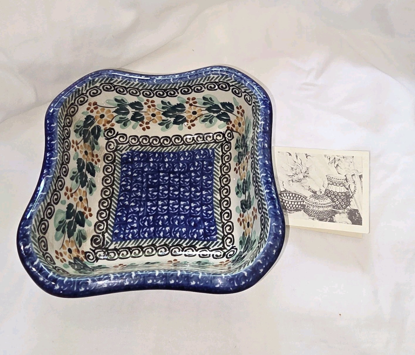 Boleslaweic Unikat Hand Painted Floral Square Stoneware Serving Bowl Poland 8\