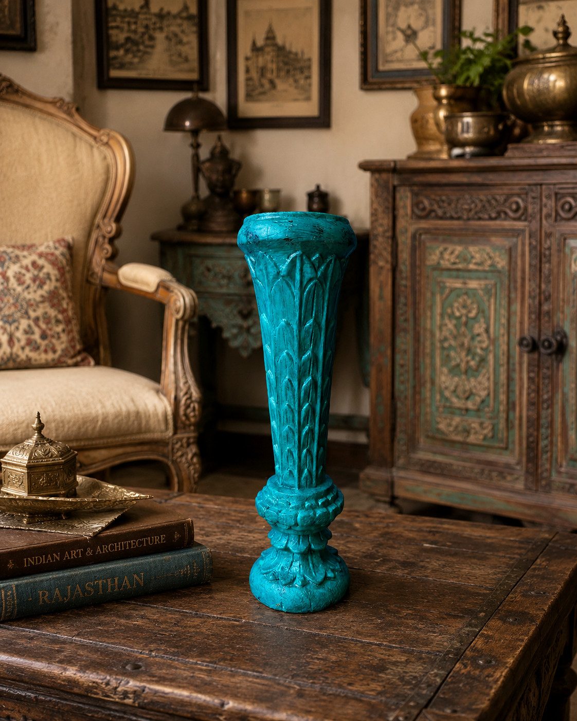 Turquoise Blue Carved Wooden Candle Stand Pillar Holder Indian Home Decor Turquoise Blue Carved Wooden Candle Stand Pillar Holder Indian Home Decor