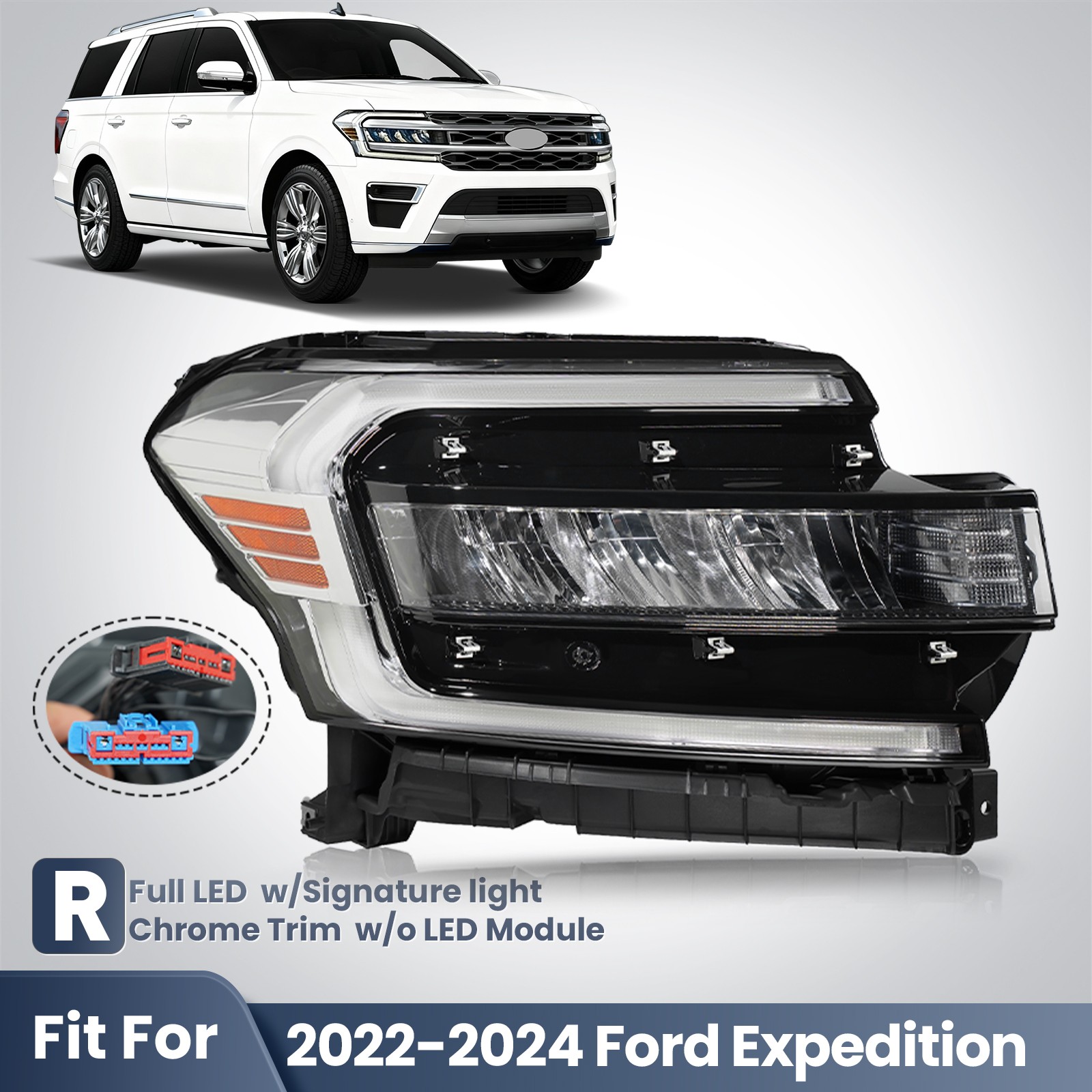 For 2022-2024 Ford Expedition Full LED Headlight W/ LED DRL Chrome Trim Right