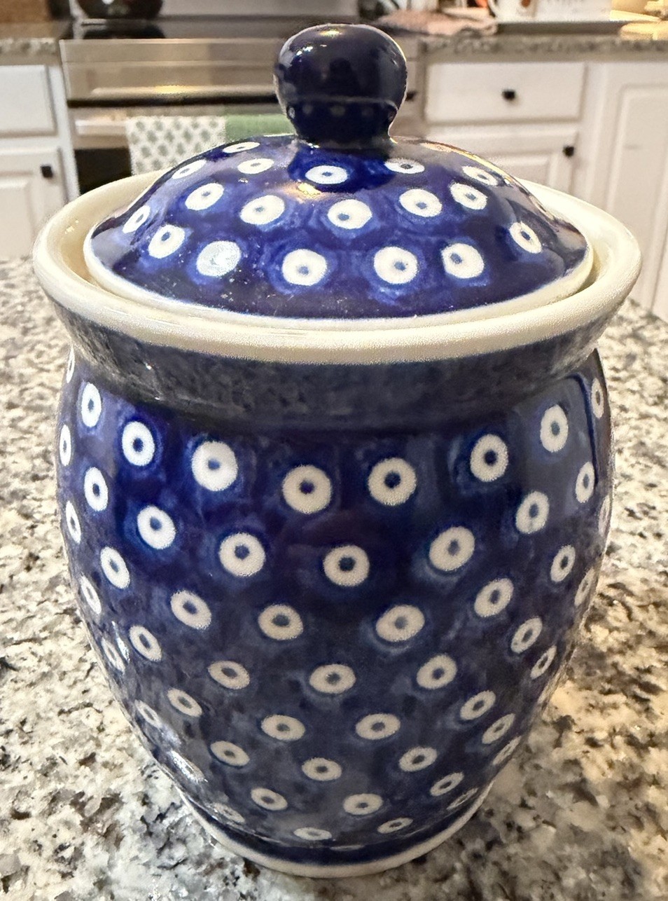 Boleslawiec Polish Pottery Peacock Eye Lidded Sugar Jar Blue Dot