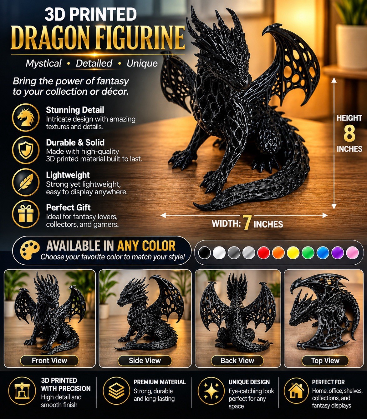 3D Printed Dragon Figurine Fantasy Dragon Statue, w/wing Detailed Collectible