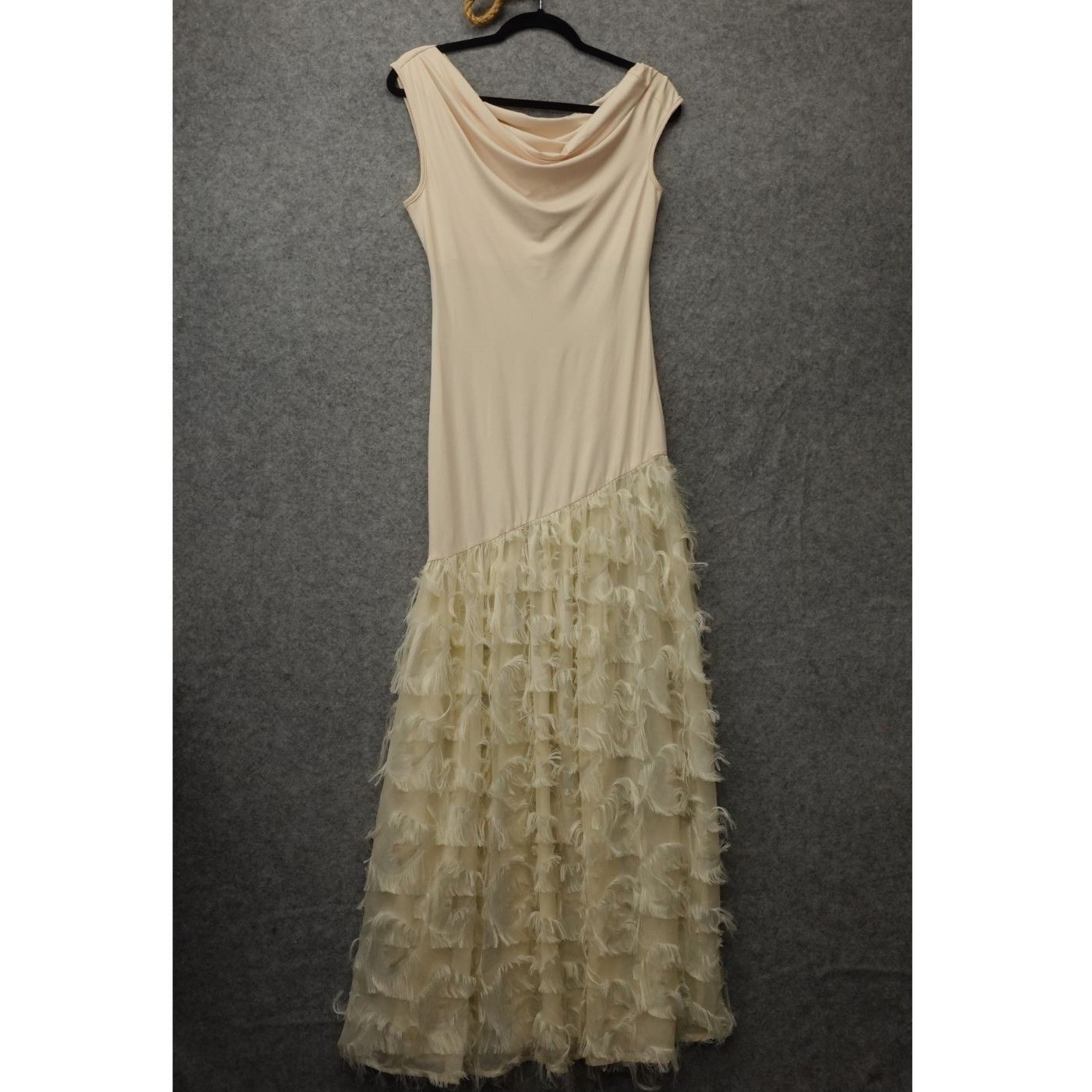 Y2K Whimsy Goddess Maxi Dress Womens S Cream Cocktail Eyelash Fringe Drop Waist