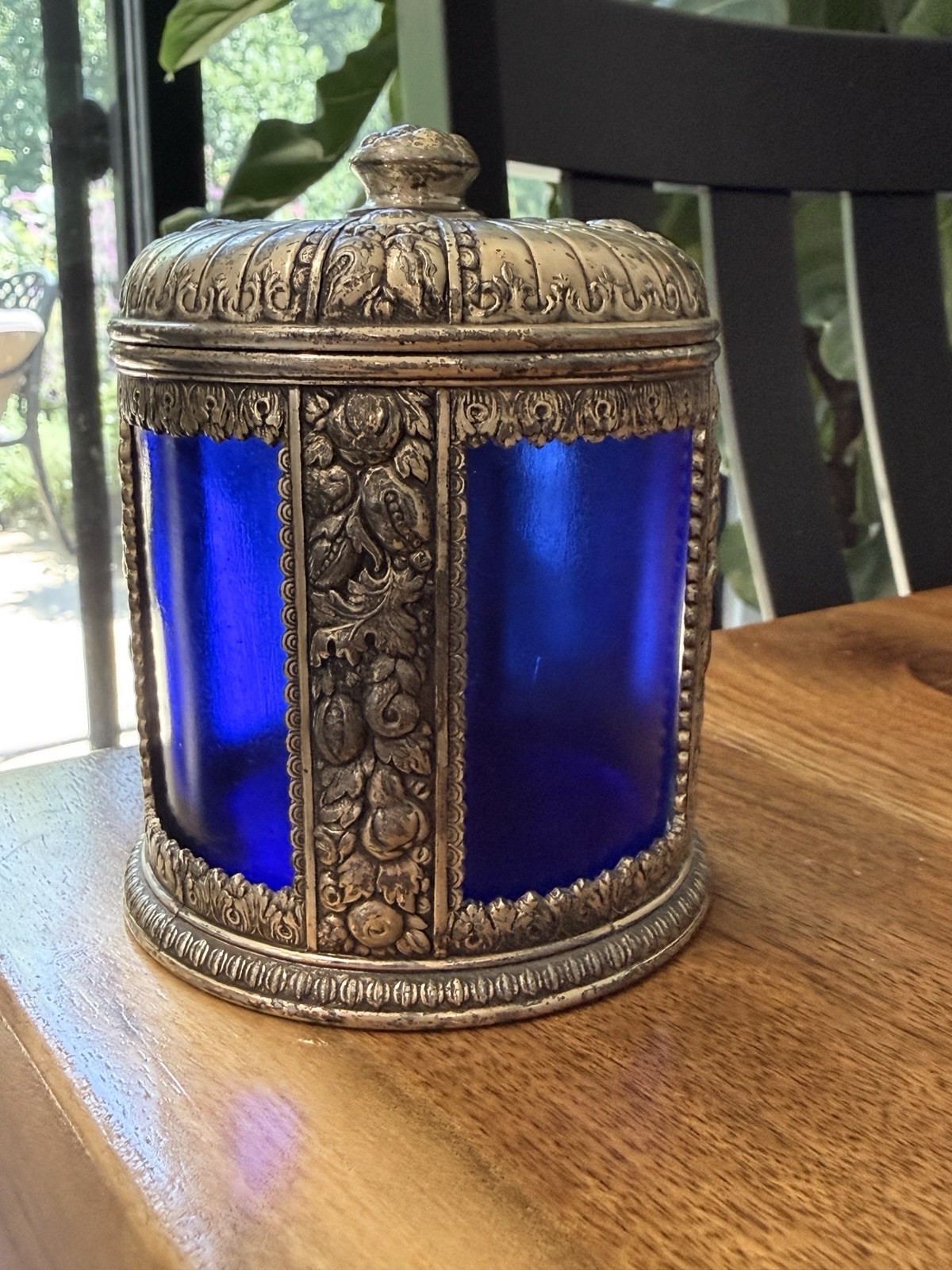 Antique Cobalt Blue Glass Dresser Jar Bonbonniere w Pewter Lid Circa Late 1800’s