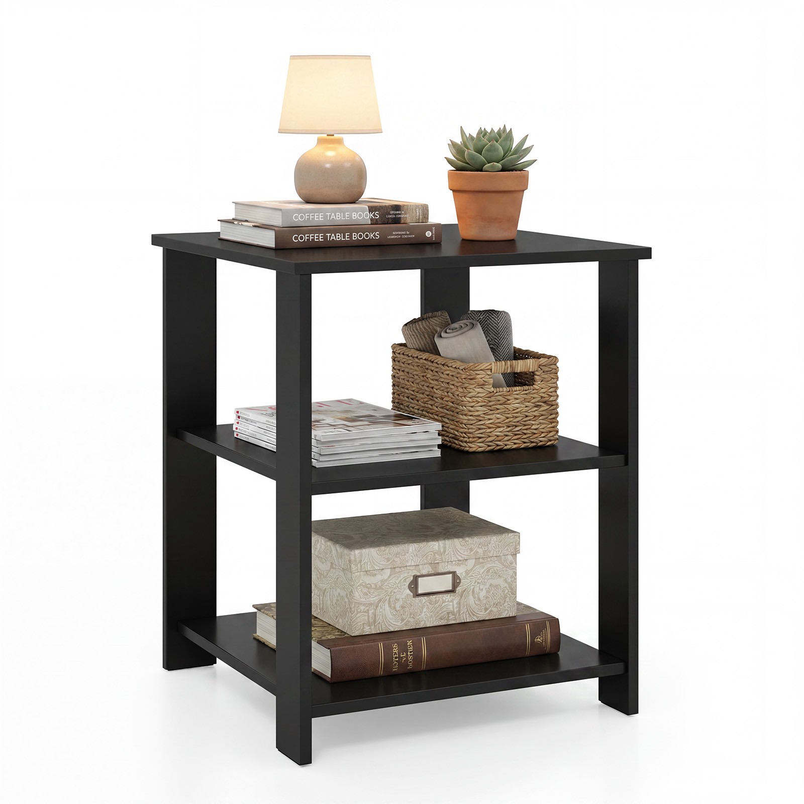 3-Tier End Table Square Side Table w/Open Storage Shelves for Living Room