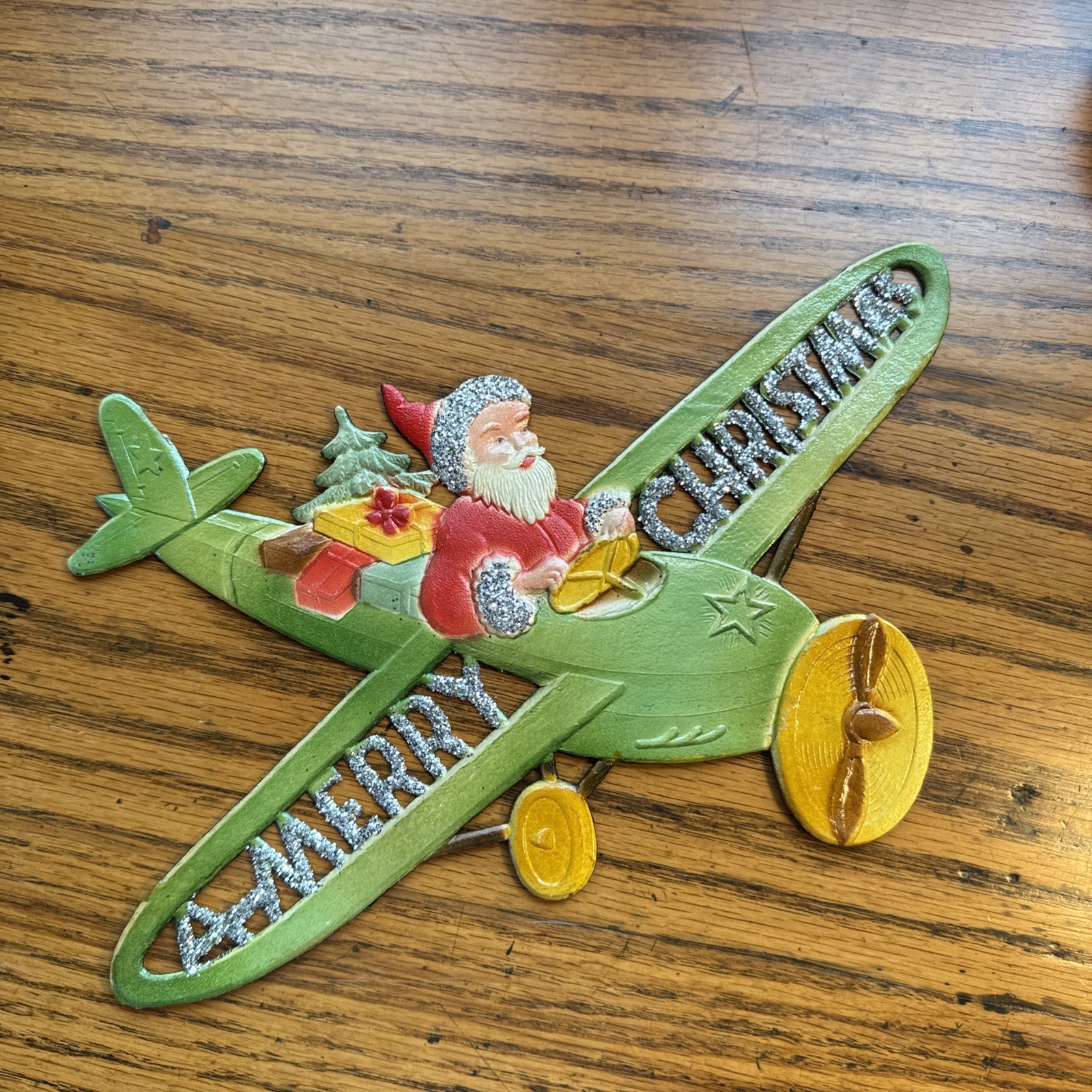 Santa Claus flying old airplane  Christmas Decoration heavy card stock embossed