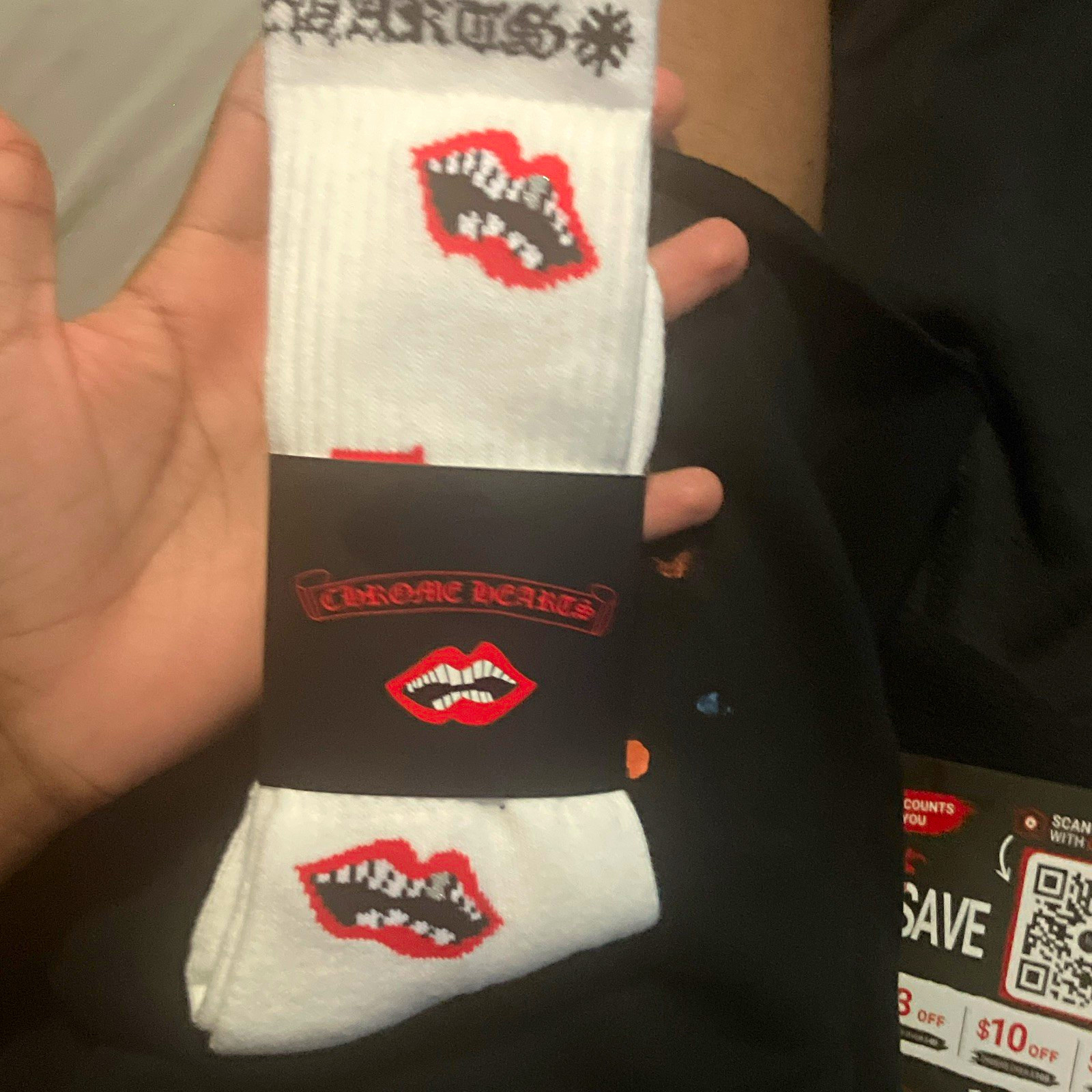 Chrome Hearts Unisex Large White Crew Socks Logo Lips Graphic Print