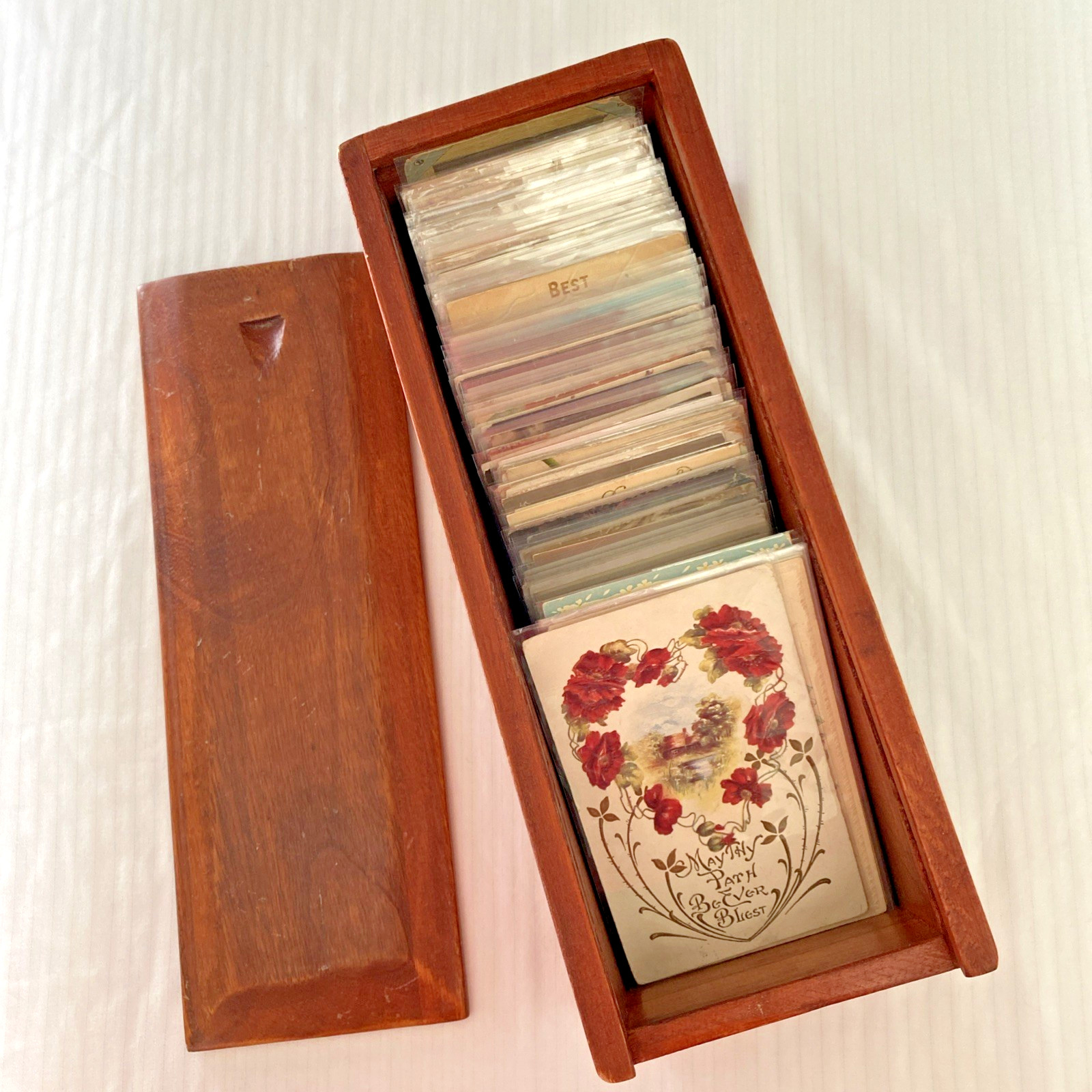Lot of 170 French & Victorian 3D Postcards RPPC Love Amore Floral w/ Wooden Box