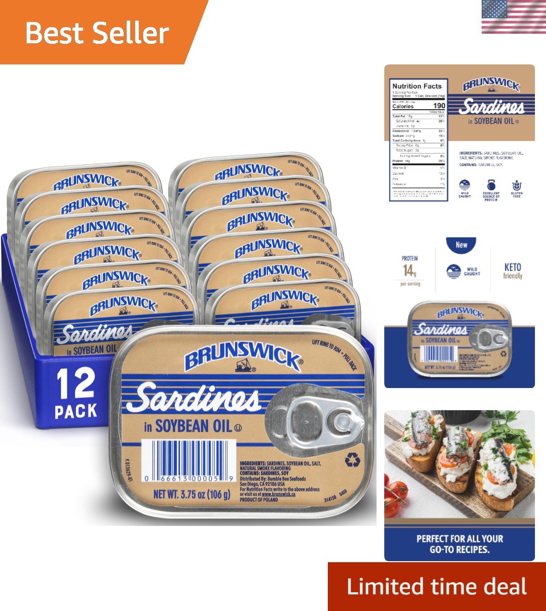 Brunswick Sardines in Soy Oil, 3.75 Oz Can (Pack of 12) - Boneless Butterflied