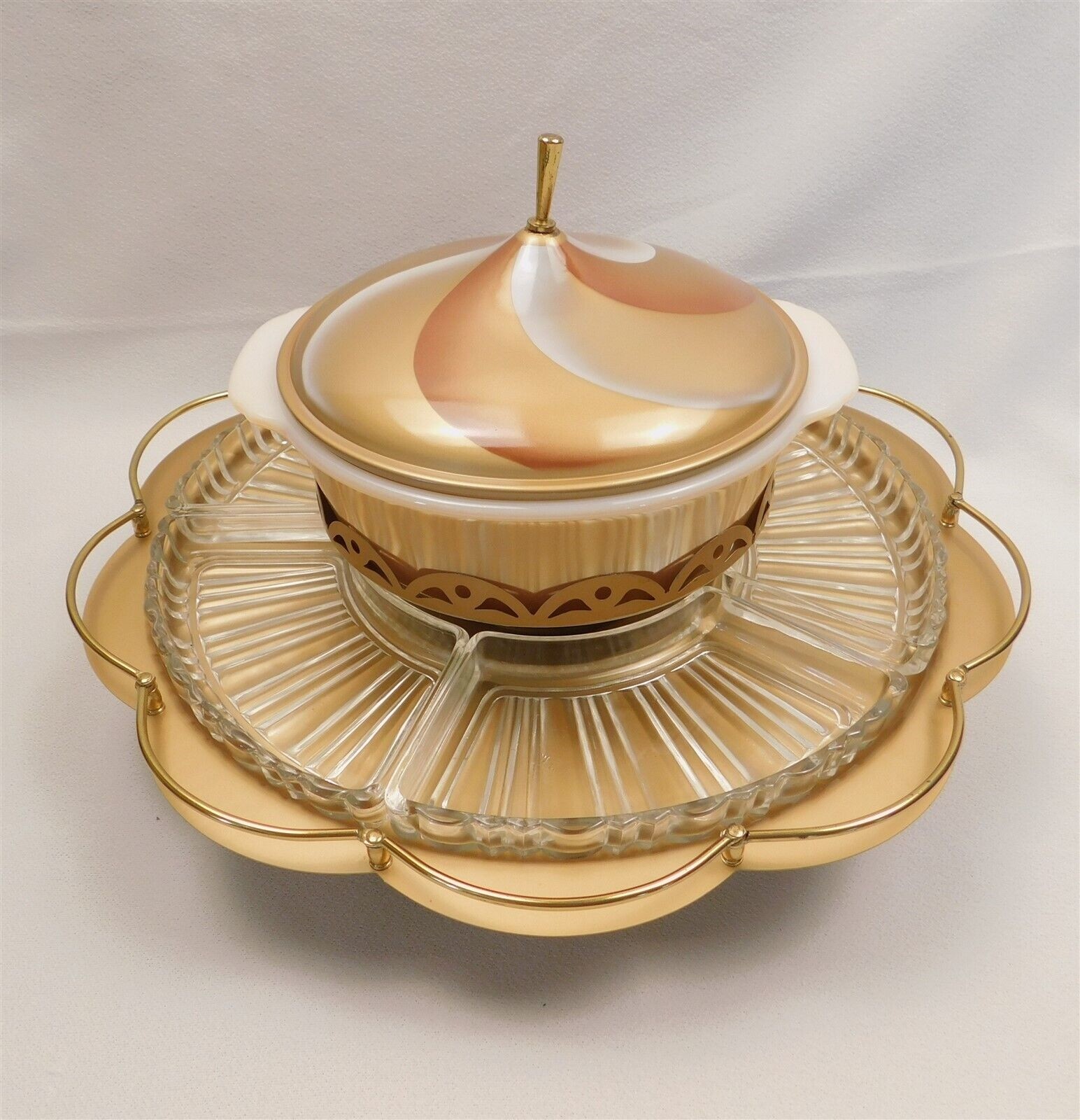 Vtg Fire King MCM Swirl Covered Casserole Dish with Warmer & Divided Dish NOS