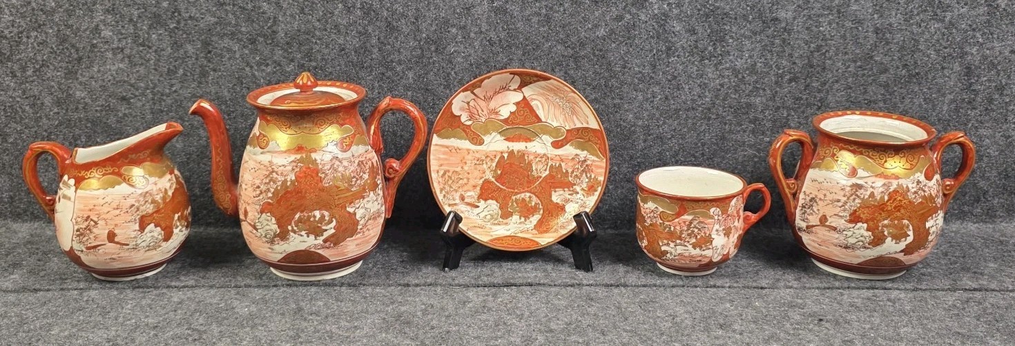 Antique Japanese Kutani-Style Export Porcelain Partial Tea Service, Antique Japanese Kutani-Style Export Porcelain Partial Tea Service,