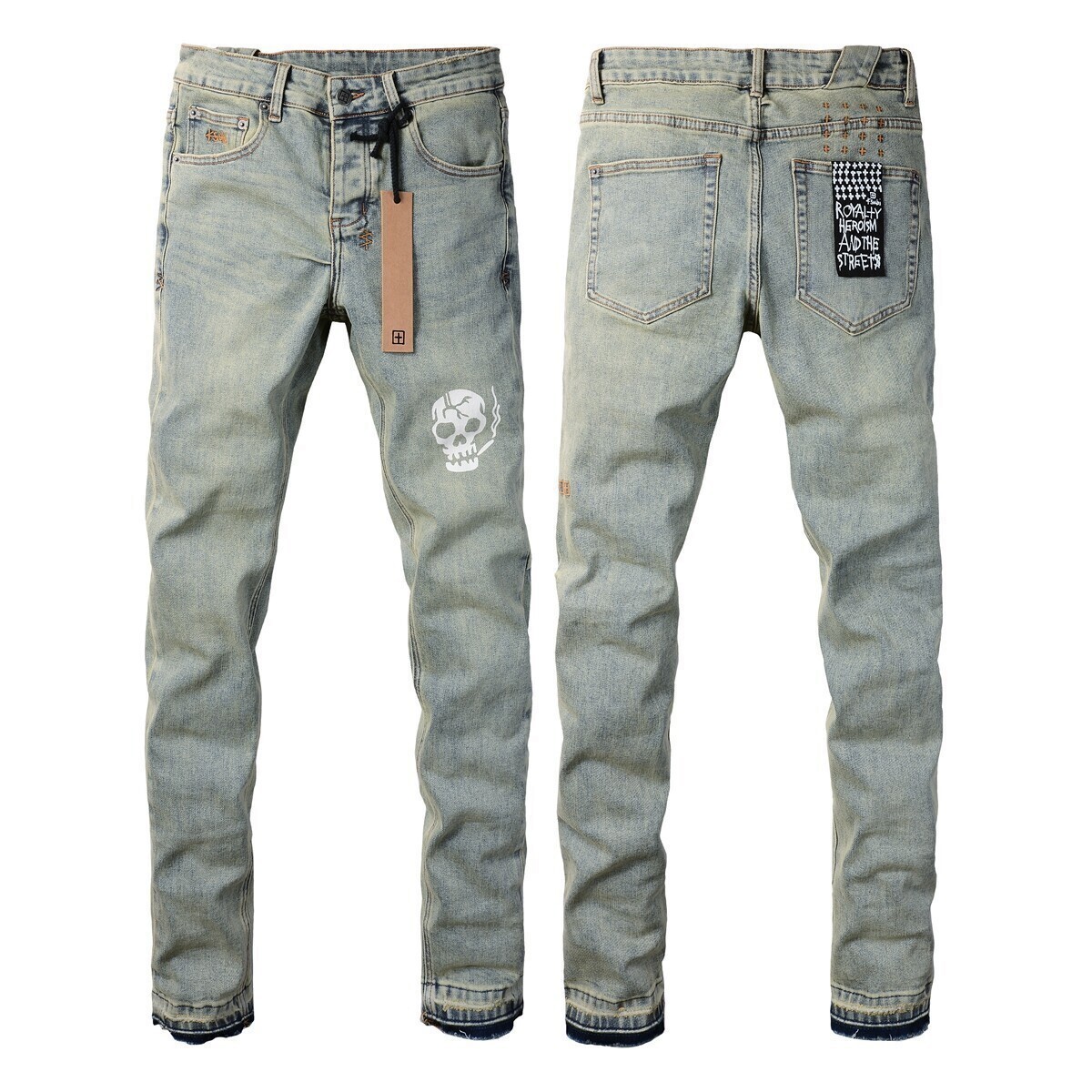 NEW KSUBI Men's Washed Blue Distressed Print Skinny High Street Fashion Jeans NEW KSUBI Men's Washed Blue Distressed Print Skinny High Street Fashion Jeans