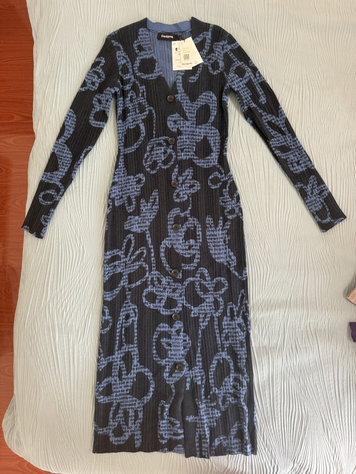 Desigual Black/Blue Floral Knit Button Front V-Neck Long Sleeve Midi Dress L