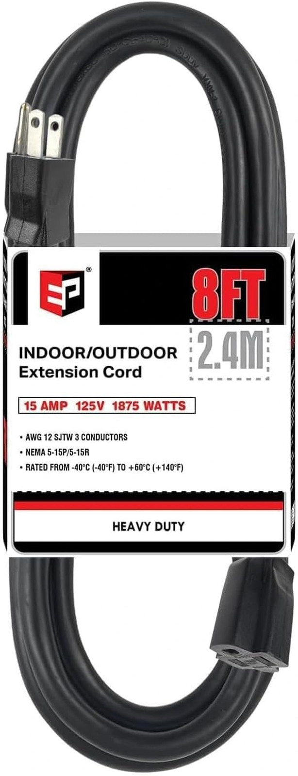 50 Ft Heavy Duty Outdoor Extension Cord, 12/3 SJTW Black 3-Prong