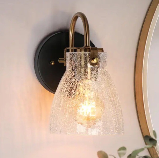 2Pk LNC Fumira 5.1” Matte Black And Brass Wall Sconce w/ Crackle Textured Glass