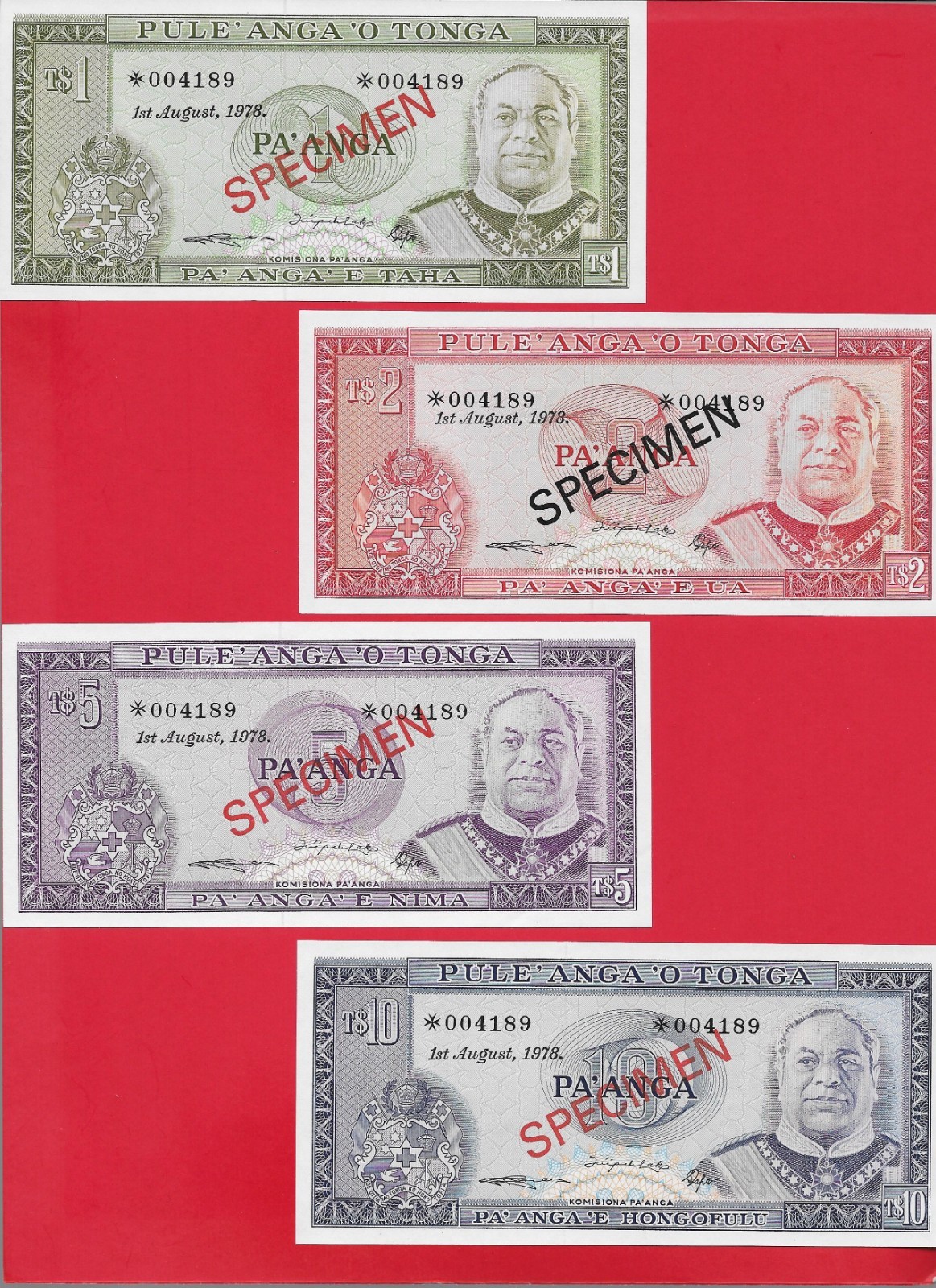 Tonga 1978 SPECIMEN set of 4 matching # 4189 with COA