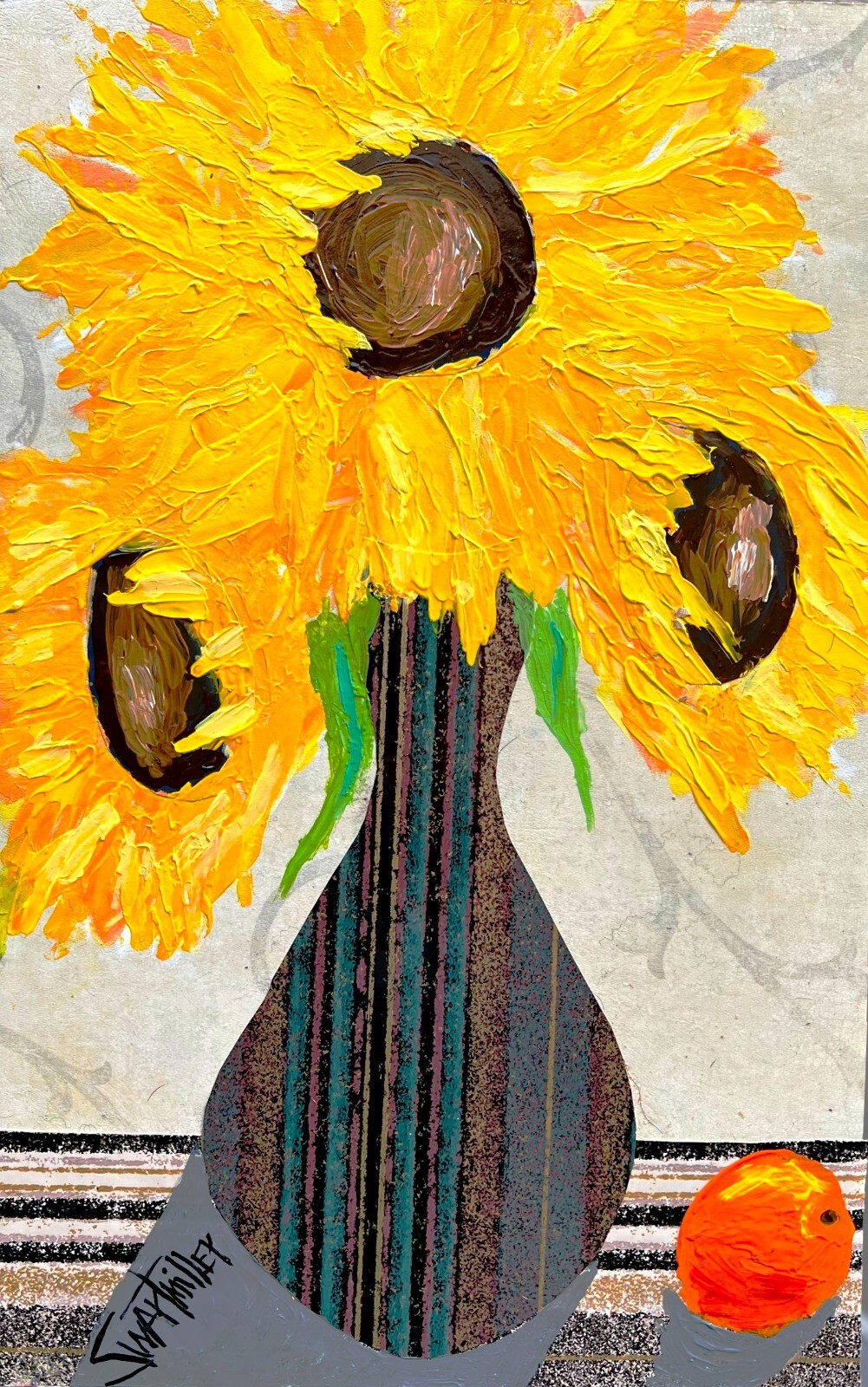 Original mixed medium SUNFLOWERS PAINTING upcycled 13x20 SWARTZMILLER DNA ART